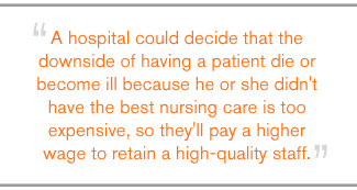 QUOTE: A hospital could decide that the downside of having a patient die or become ill because he or she didn't have the best nursing care is too expensive, so they'll pay a higher wage to retain a high-quality staff.