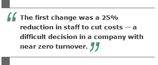 The first change was a 25% reduction in staff to cut costs -- a difficult decision in a company with near zero turnover.