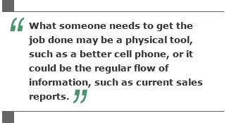 What someone needs to get the job done may be a physical tool, such as a better cell phone, or it could be the regular flow of information, such as current sales reports.