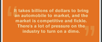 It takes billions of dollars to bring an automobile to market, and the market is competitive and fickle. There's a lot of pressure on the industry to turn on a dime.